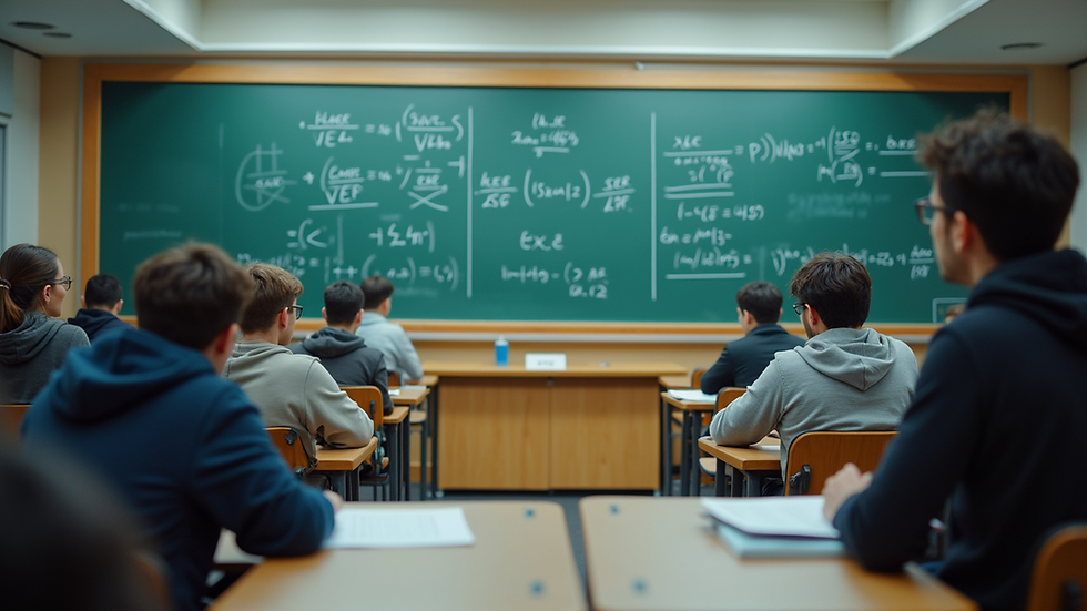 Wide angle view of a physics classroom with students studying calculus
