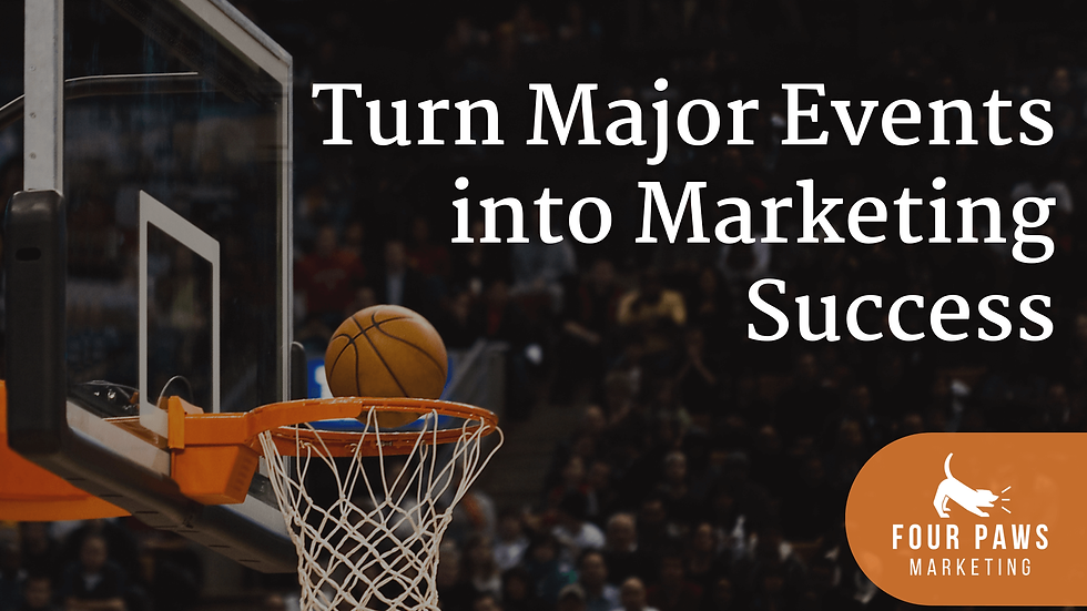 Basketball hoop with ball about to enter rim. text overlay saying "Turn Major Events into Marketing Sucess"
