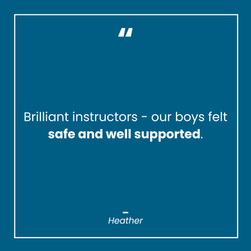 A graphic showing a customer testimonial emphasising supportive instructors and a safe, reassuring environment for children at Mendip Activity Centre's Kids Adventure Summer Camps