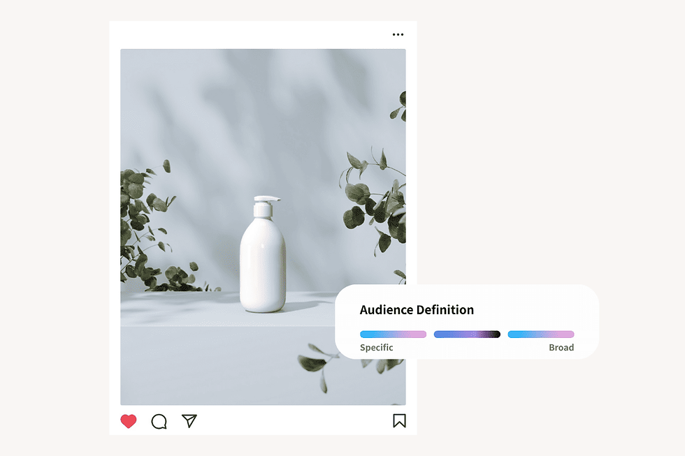 インスタ広告で商品の訴求力を高めるビジュアル例と、オーディエンスの定義範囲を示すターゲティング指標