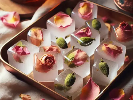 Ice cubes with Rose Petals + Cardamom