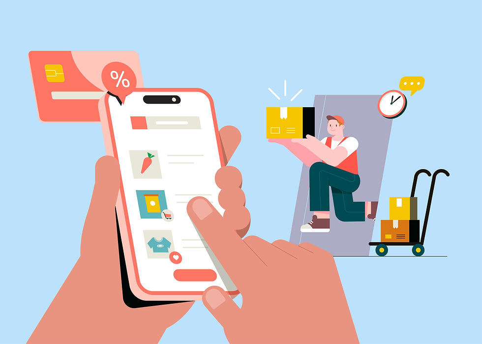 スマートフォンからオンラインショップで商品を購入し、配達員が荷物を届けるイラスト。InstagramショッピングやECサイト利用のイメージ。