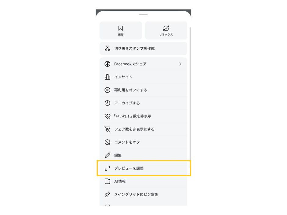 Instagram投稿の三点メニュー一覧。「プレビューを調整」項目が強調表示され、グリッド表示の調整機能が利用できることを示している。