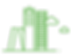 Eine gründe Strichgrafik von zwe Hochhäusern und zwei Wolken.