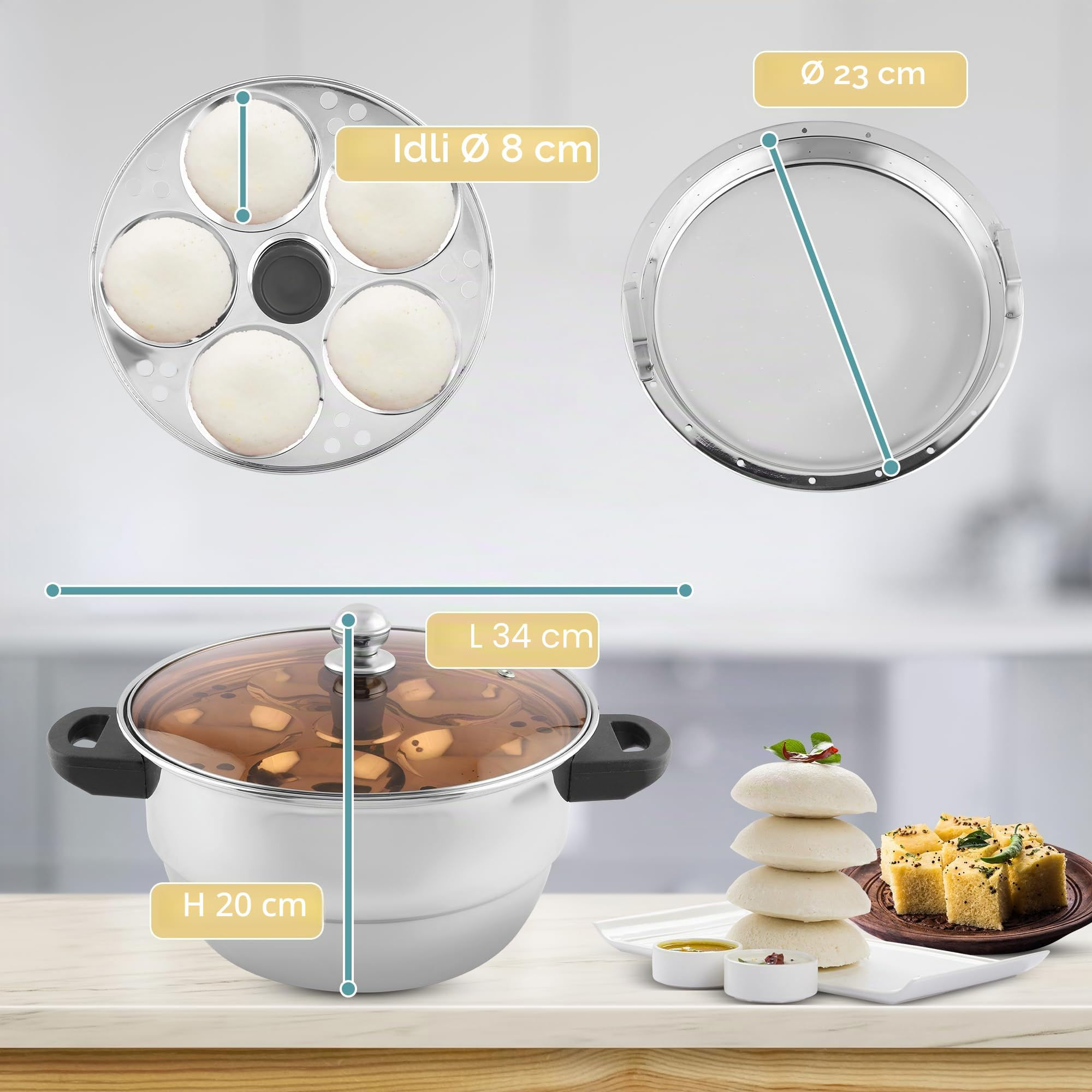KSJONE 5 Stück Edelstahl induktionsfreundlich, durchsichtiger Deckel, Idli-Ko...