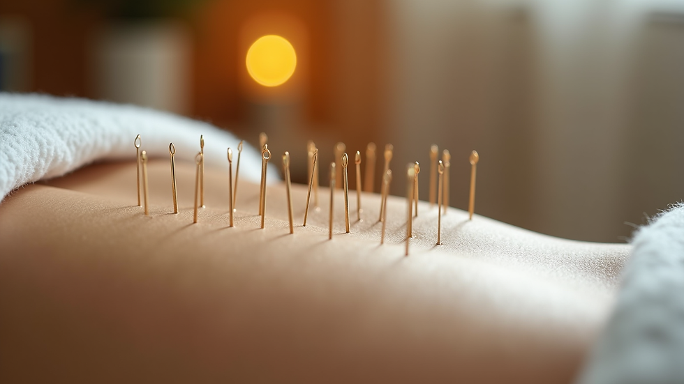 Close-up view of acupuncture needles on a treatment table