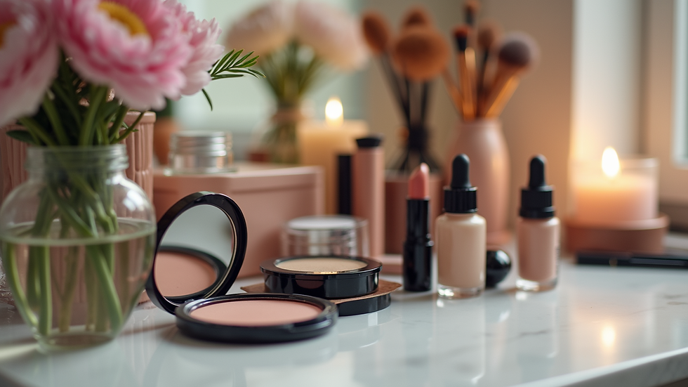 Eye-level view of makeup products arranged neatly on a vanity