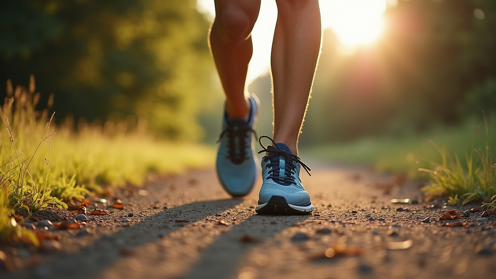 Eye-level view of running shoes set on a dirt path ready for a workout