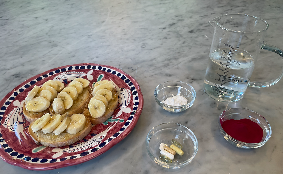 Step 1, 3 hours before race: white toast, banana, honey and flaky sea salt, yum. Beet root extract, creatine, multivit, vit-C, vit-D, Omega-3 and magnesium to wash it down.