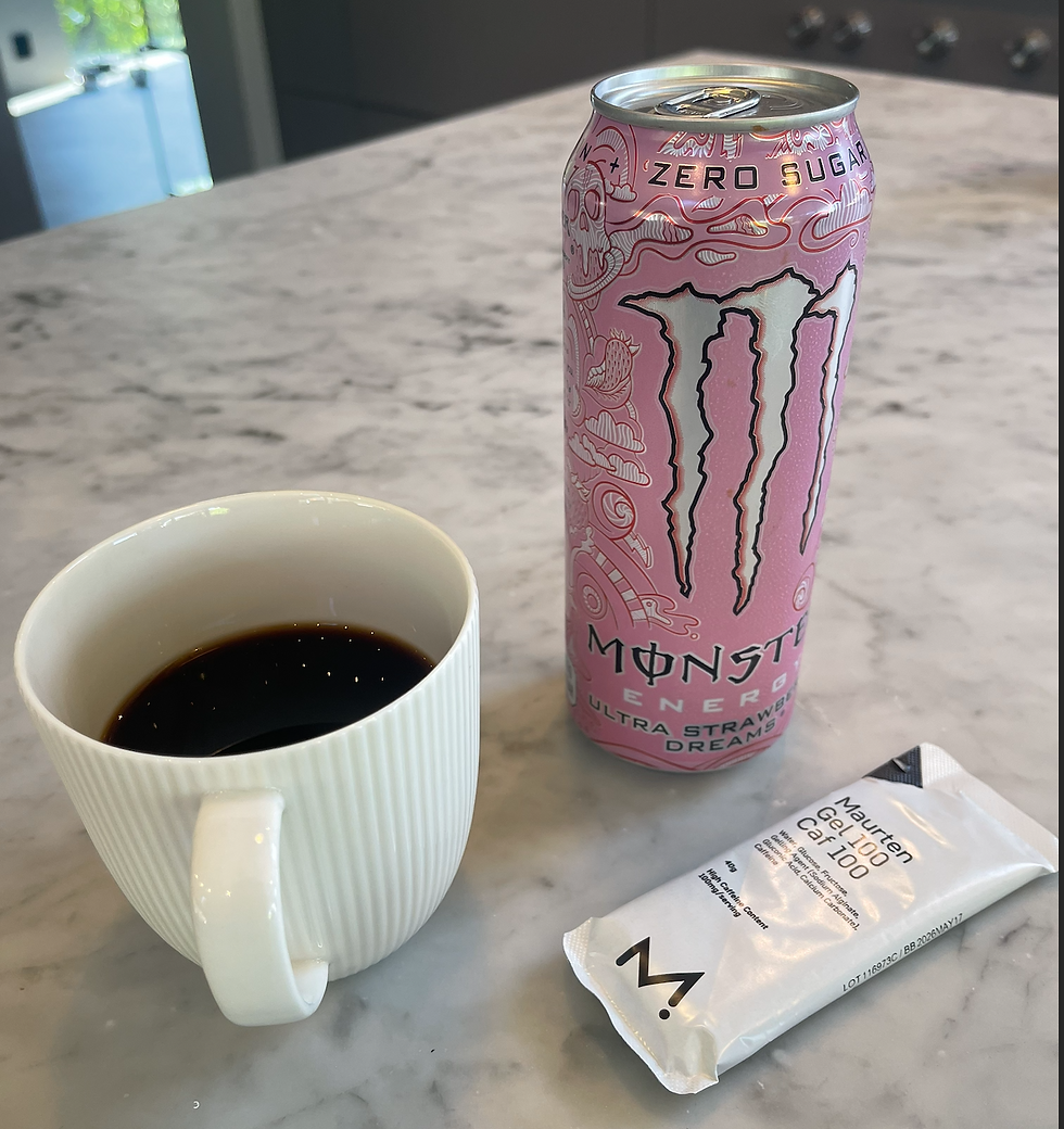 Step 3, from 90 minutes before race. 1 can of Monster, 3 cups of coffee, and one gel with extra caffeine 60 minutes before race.