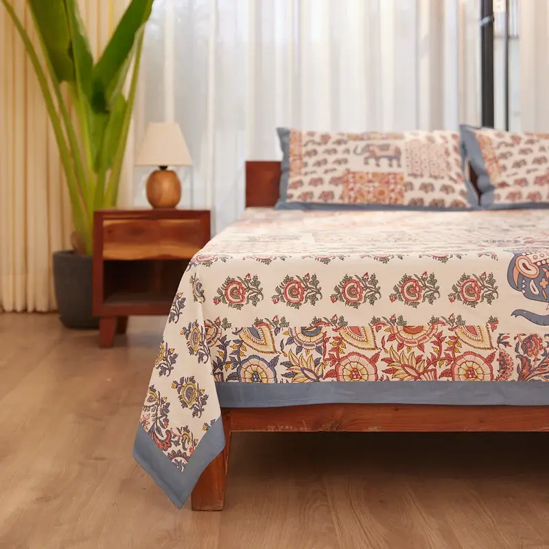 Thumbnail: Reva Handblock Bedsheet Elephant blue