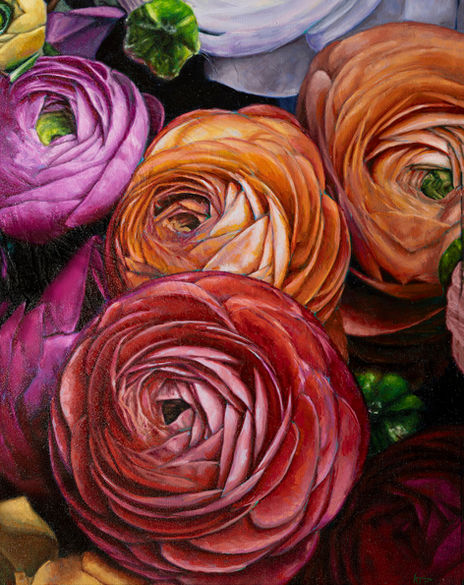 one panel of a triptych painting of ranunculus flowers by Raleigh artist Katie Peña