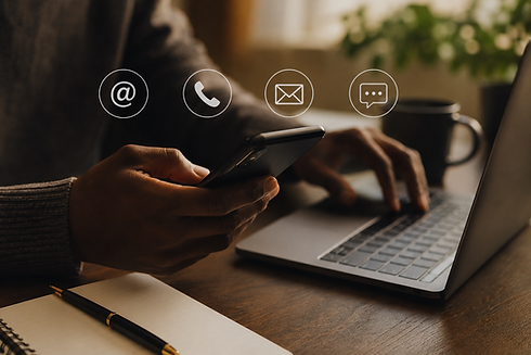 Person using phone and laptop with contact method icons
