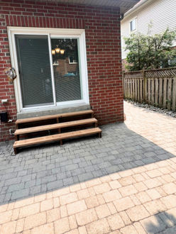 Interlock patio after lift and relevel in Oakville Ontario with pavers lifted base corrected and surface properly leveled and aligned