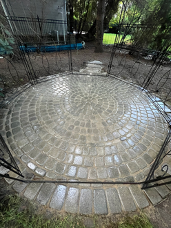 Backyard circle interlock patio before after pressure washing, sanding, sealing in Oakville