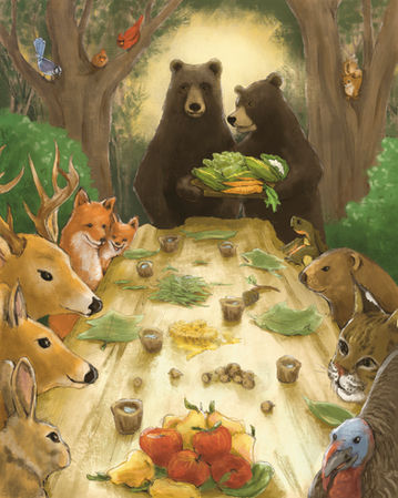 Forest animals at a thanksgiving feast