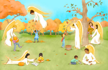 Fall scene with guardian angels and kids