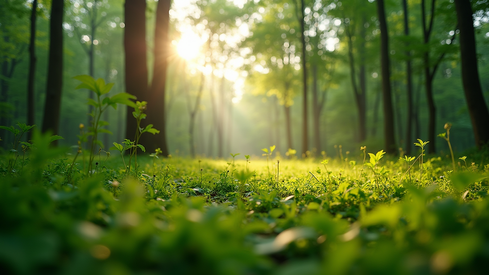 Eye-level view of a lush green forest with sunlight filtering through the trees
