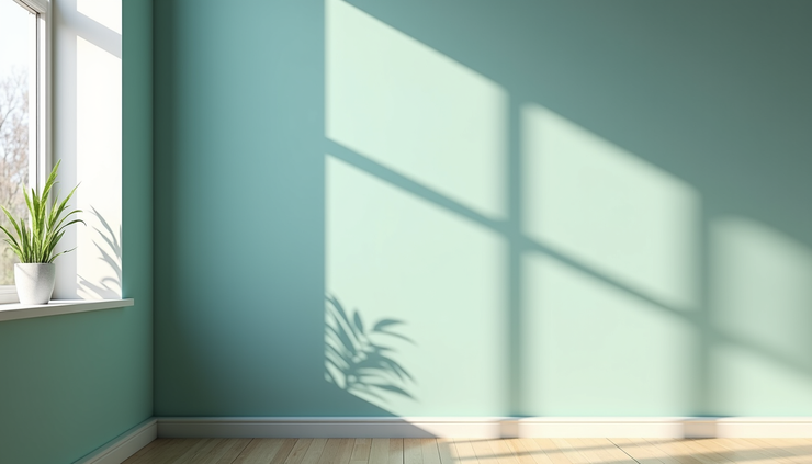 Eye-level view of a living room wall painted in a soft blue-green shade with natural light streaming through a window