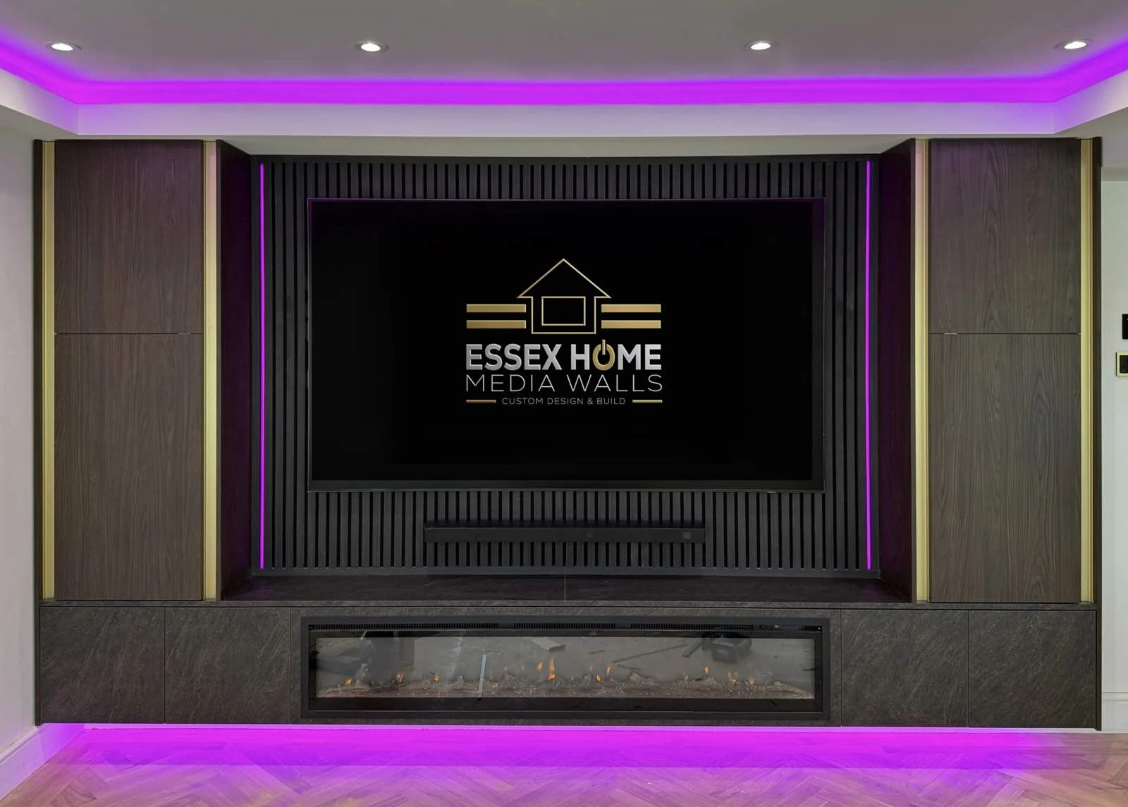 Dark media wall with tall cupboards and purple accent lighting