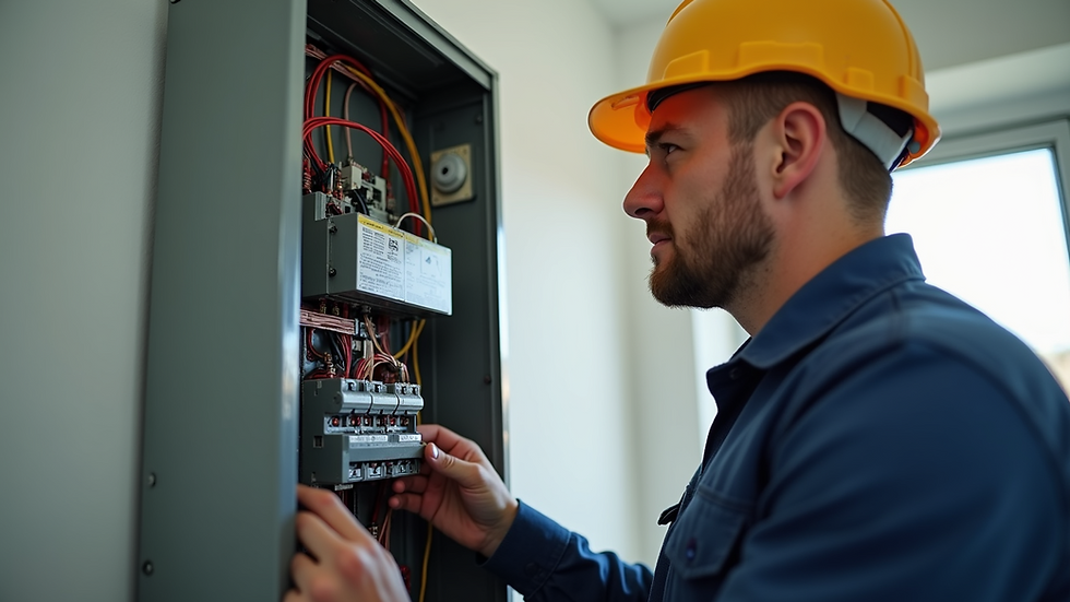 Eye-level view of a local electrician inspecting a residential electrical panel