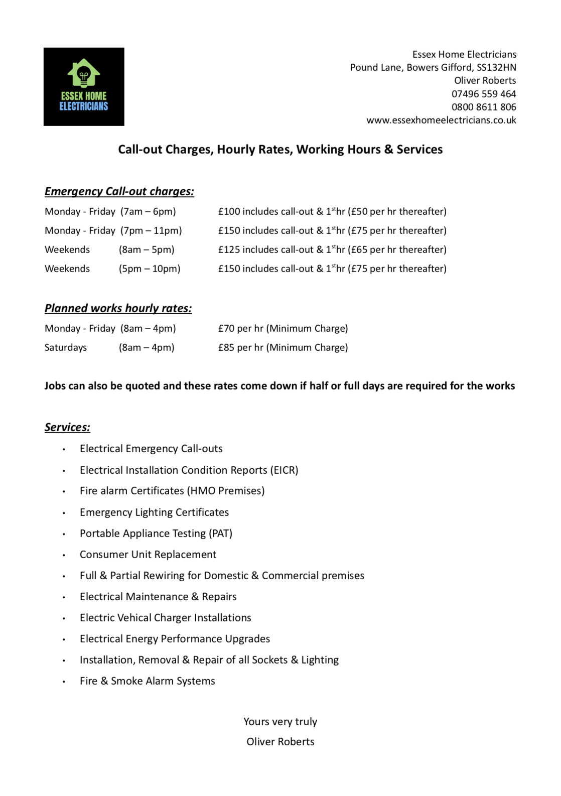 Essex Home Electricians published electrical rate card