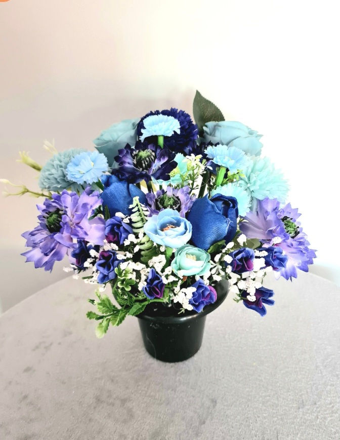 Blue and White Faux Flower Memorial Grave Pot