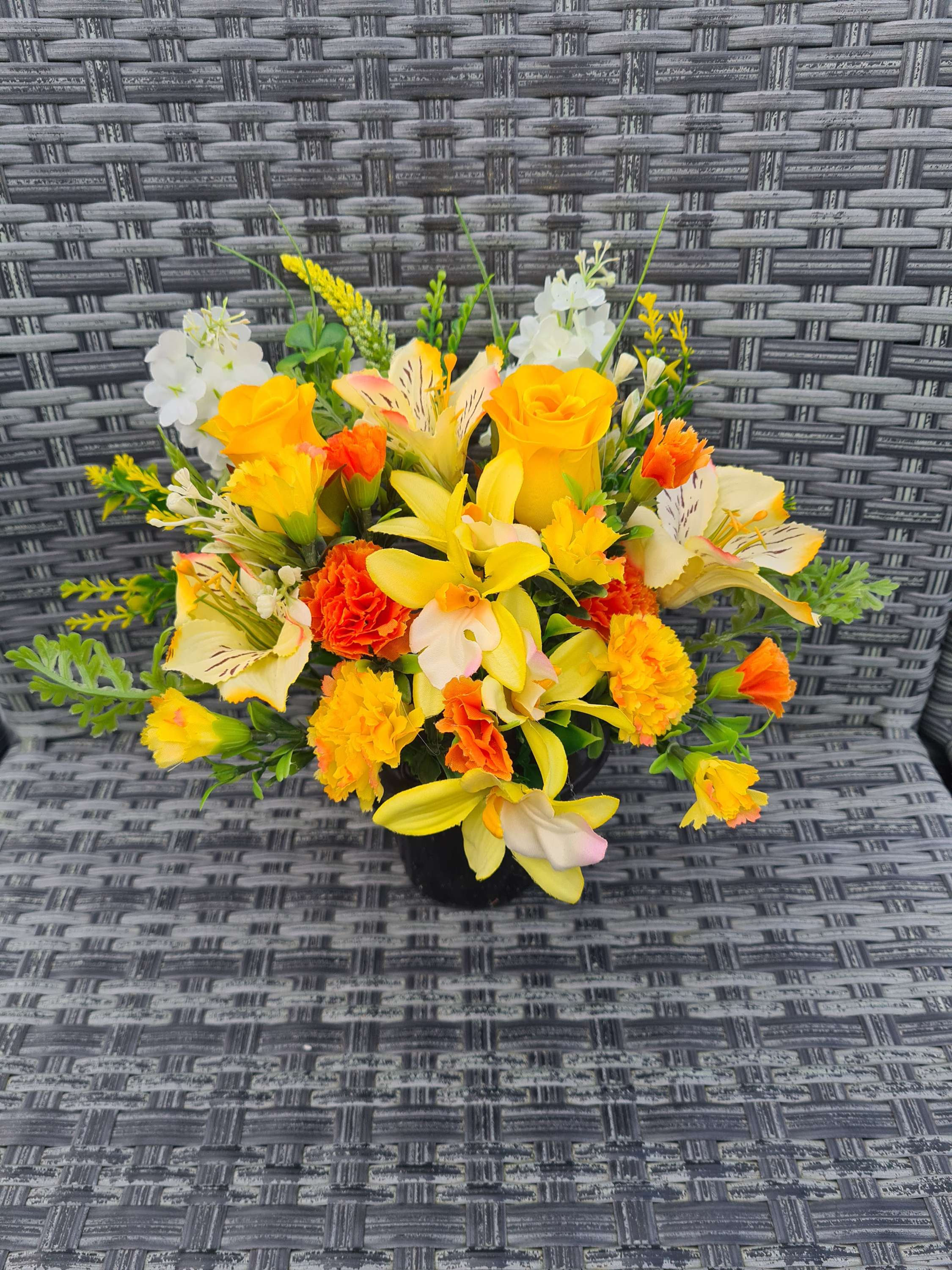 Summer Faux Flower Yellow and Orange Grave Pot