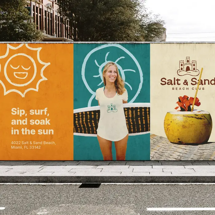 Bold summer beach club branding, sand travel ocean brand identity, playful lounge brand design, hand-drawn sand castle logo design, hand-drawn textured ocean sea graphics icons, bright summer fresh orange yellow blue brown color palette. Brand Designer, Logo Designer, Graphic Designer, Packaging Designer, Branding Services, Packaging Design, Graphic Design, Visual Identity. Branding Agency, Branding Studio, Graphic Design Studio, Freelance Designer, Small Business Branding, Female branding, Lexielogo