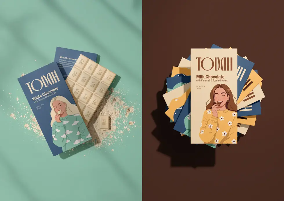 Chocolate branding, candies brand identity, food brand design, genz woman eating chocolate illustration, art deco minimalist logo design, monogram logotype, bold playful chocolate packaging design, brown yellow blue color palette.
Brand Designer, Logo Designer, Graphic Designer, Packaging Designer, Branding Services, Packaging Design, Graphic Design, Visual Identity. Branding Agency, Branding Studio, Graphic Design Studio, Freelance Designer, Small Business Branding, Female branding, Lexielogo, Logomark.