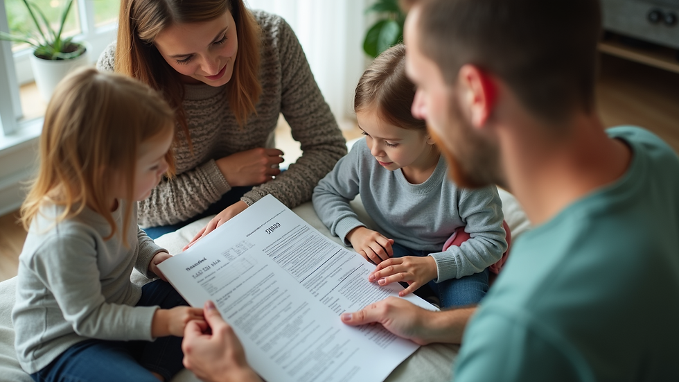 High angle view of a family reviewing financial documents at home