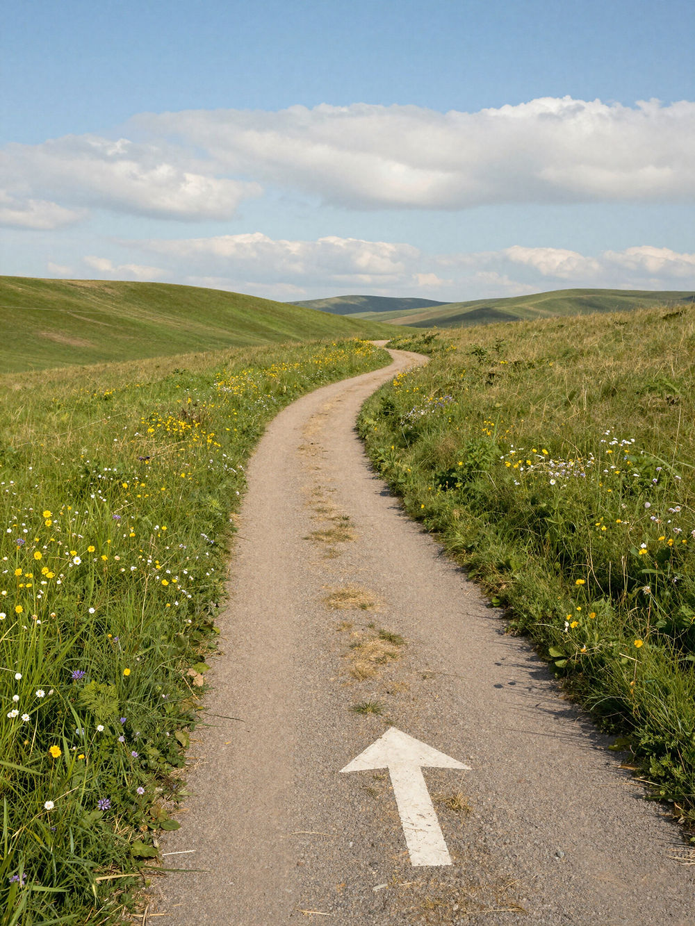 Winding dirt path with an arrow pointing forward through green hills giving the visual of change and growth for future generations in a family.