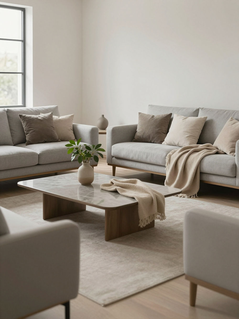 A modern living room with light grey sofas and a coffee table