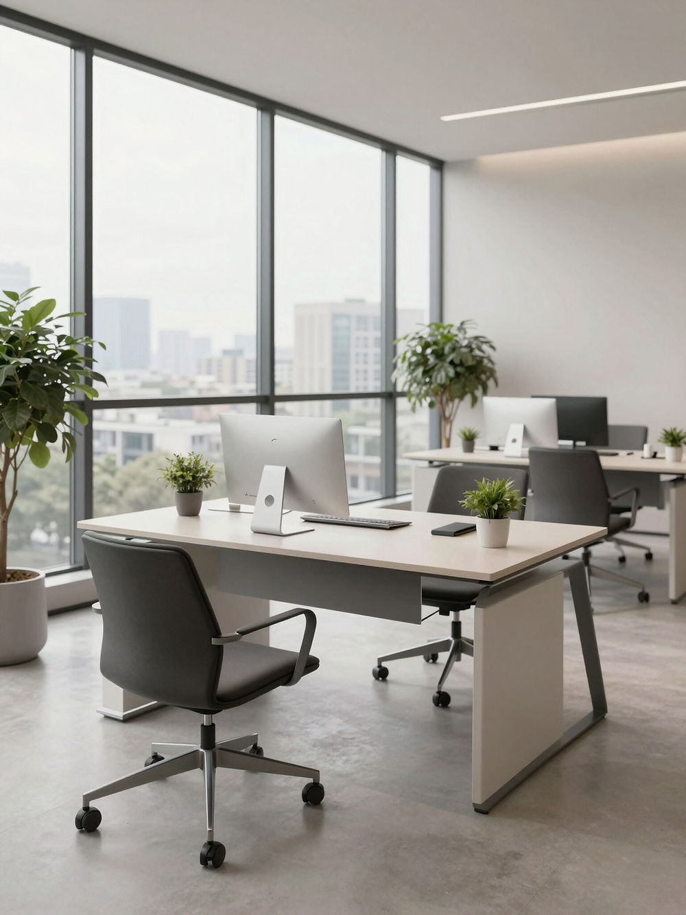 Modern office with desks, chairs, and city view for building a foundation of financial security.