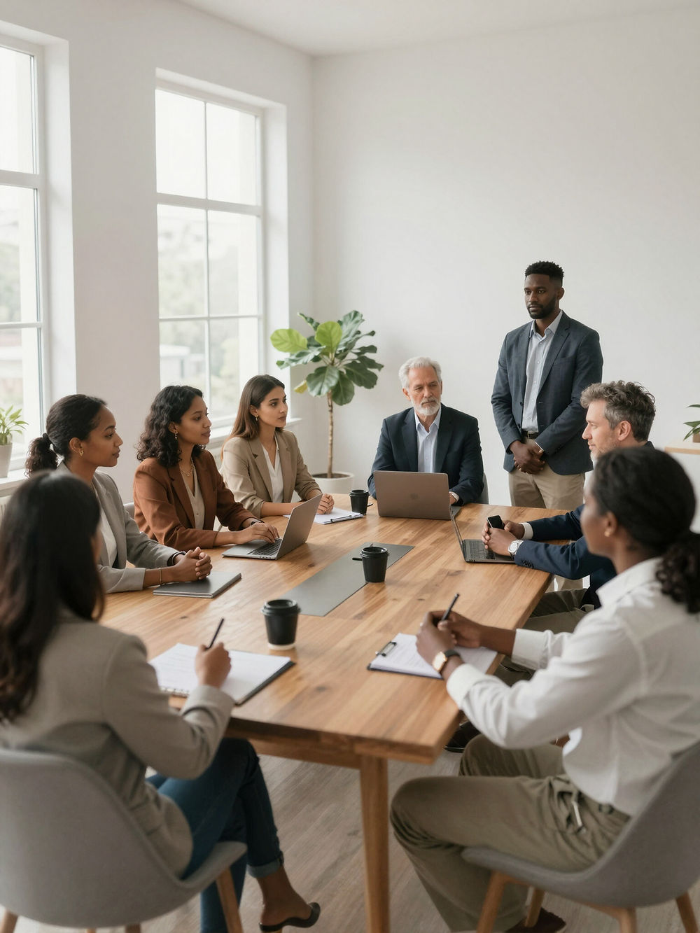 Diverse business team meeting discussing a clients best strategy for debt elimination.