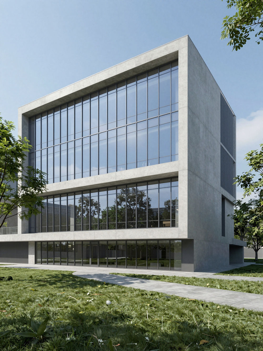 Modern concrete building with large glass windows
