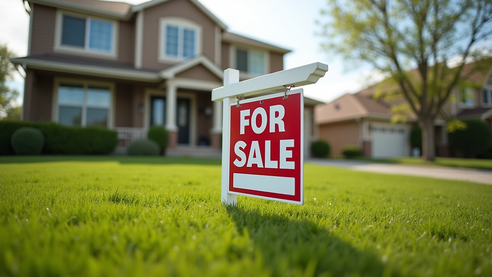 Eye-level view of a family home with a "For Sale" sign in the yard