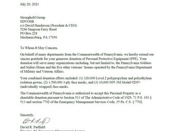 Stronghold Group Donates 1.5 million 3-ply face masks, 120,000 isolation gowns, and 10,000 N95 masks (August 30th, 2021) to Pennsylvania DMVA and PEMA