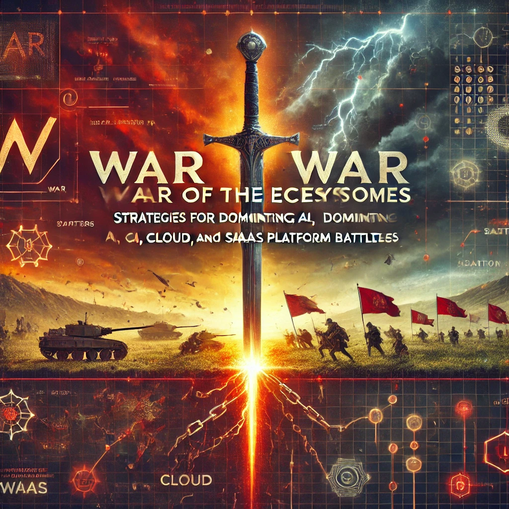 Epic depiction of technological warfare featuring tanks, soldiers, and a sword dividing realms, symbolizing the strategic clashes within AI, cloud, and SaaS platforms in the battle for digital dominance.