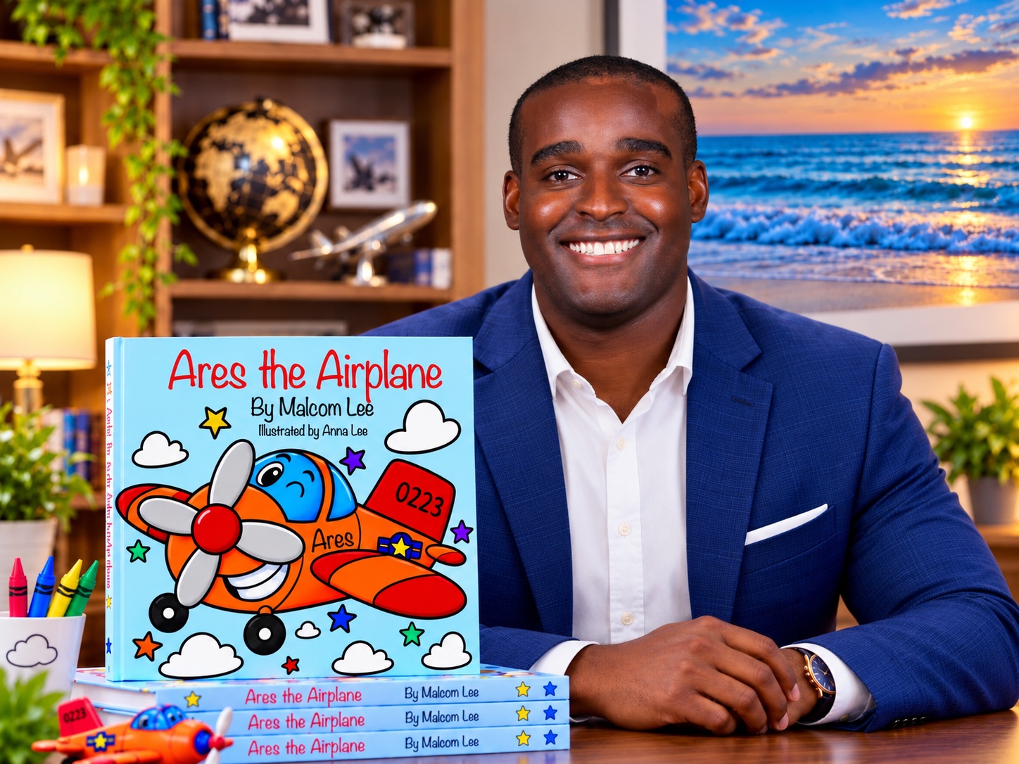 Malcom Lee, author of Ares the Airplane, with his children’s book