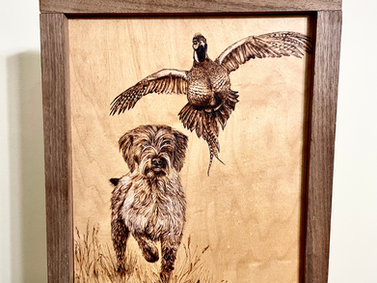 Custom pet woodburning portrait by Ally Hulstein Art
