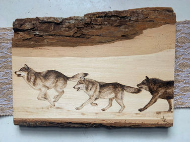 Wolves Running wood burning Custom pet woodburning portrait by Ally Hulstein Art