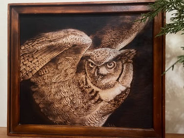 Woodburning of a Great Horned Owl by Ally Hulstein Art