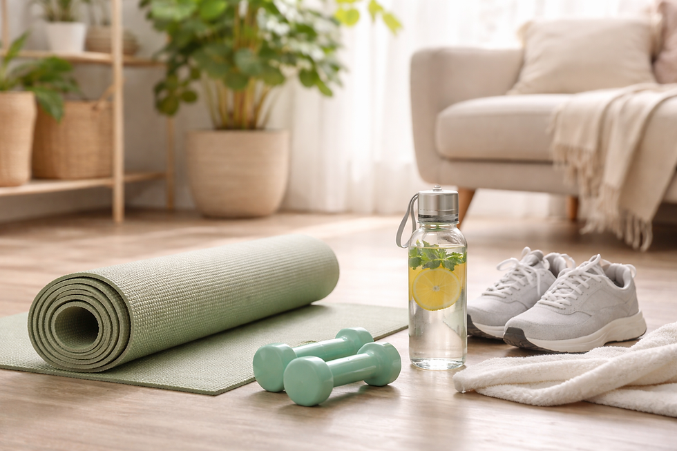 Yoga mat, dumbbells, lemon water bottle, sneakers, and towel on wooden floor near a cozy couch. Plants in background, bright and calm.