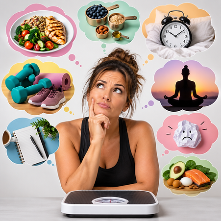 Woman on a bathroom scale looks uncertain, surrounded by thought bubbles of healthy food, exercise, sleep, meditation and stress.