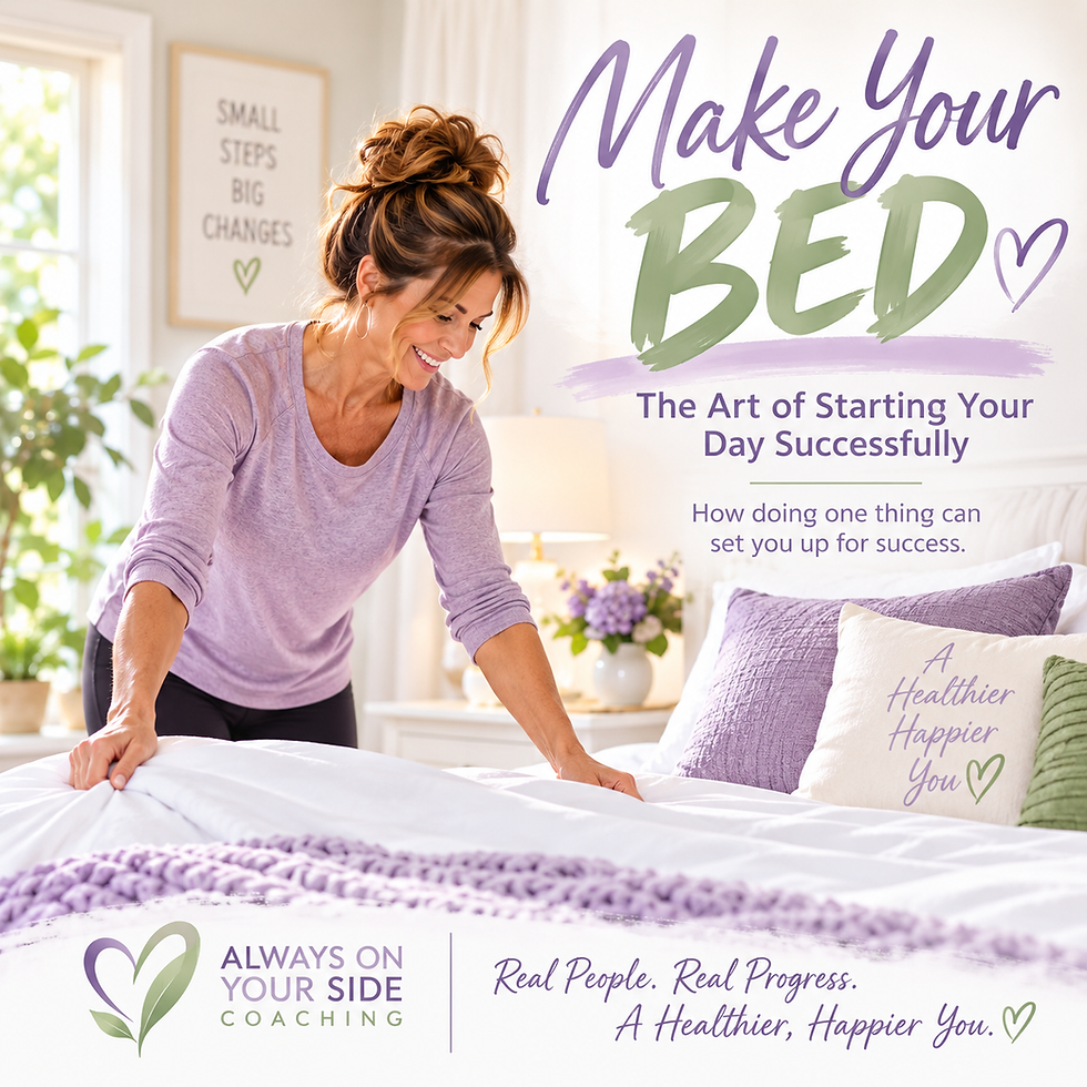 Smiling woman making a bed in a bright lavender bedroom; text reads Make Your BED and Always on Your Side Coaching