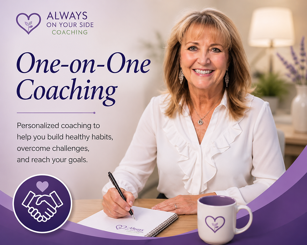 Smiling woman writing at desk in home office; coaching ad reads Always On Your Side Coaching, One-on-One Coaching.
