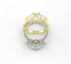3D Rectangle Cushion and Pear 3-stone Ring. Designed and rendered in Rhino 3D