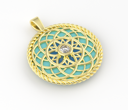 3D STYA Mandala1 with Two-Color Enamel, Diamond Center and Twist Edge. Designed and rendered in Rhin