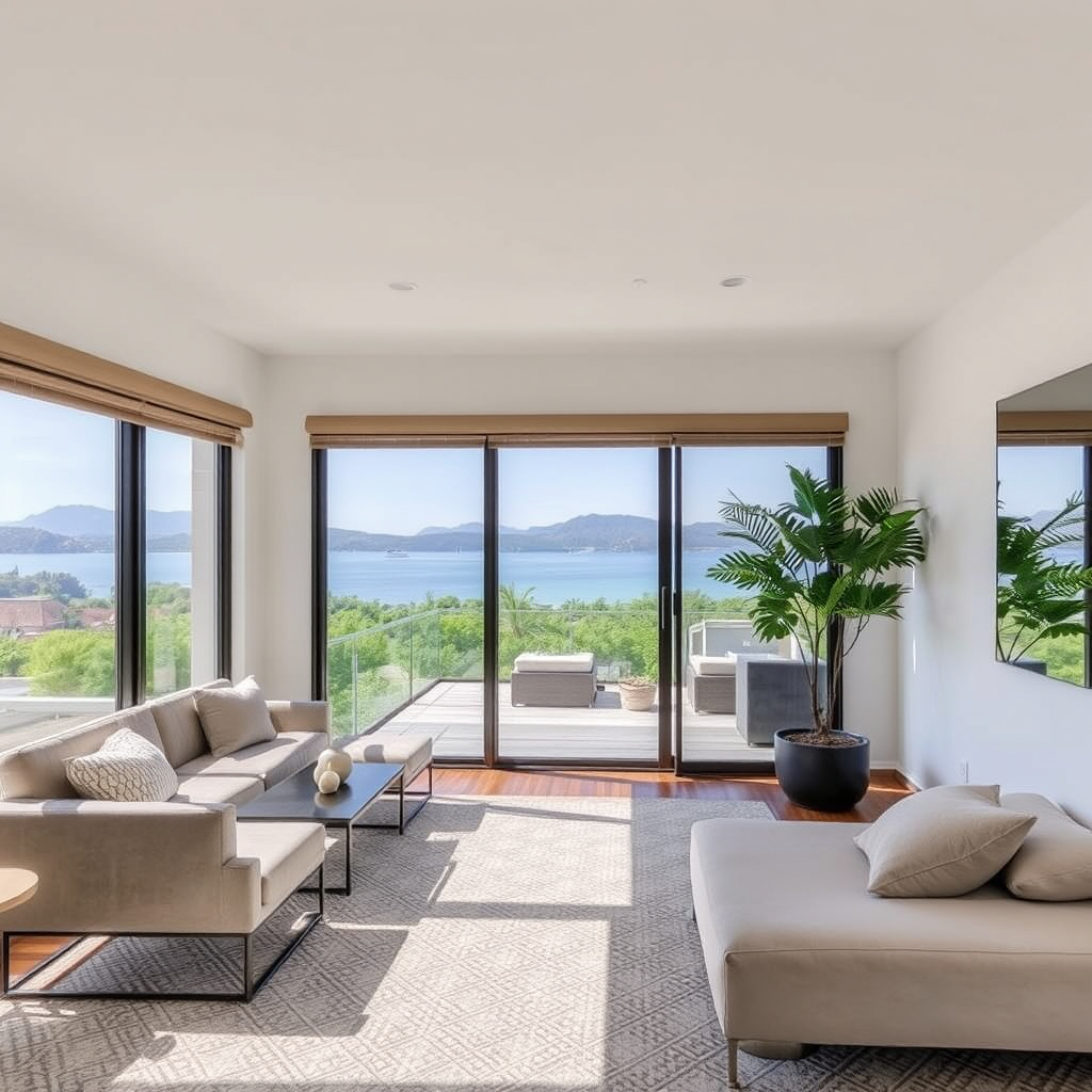 Modern living room with beige sofas, large windows overlooking a serene lake and mountains, light gray rug, and potted plant. Bright, tranquil setting.
